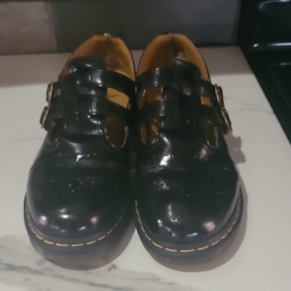Dr. Martens Black Mary Jane Flats with Yellow Stitching